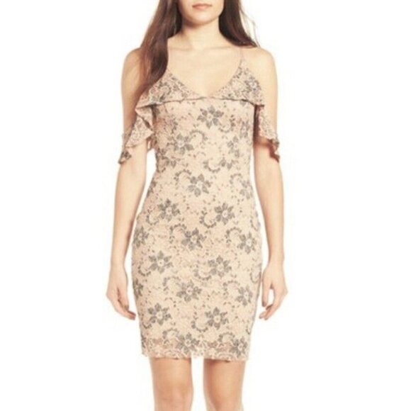 ASTR the Label floral lace slip shift dress pink gray cold shoulder ruffle Small - Picture 1 of 6